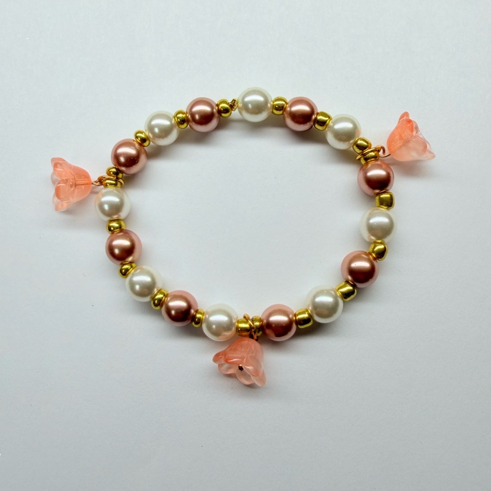 Pink Flower Pearl Beaded Bracelet – Size 6.5 Inches